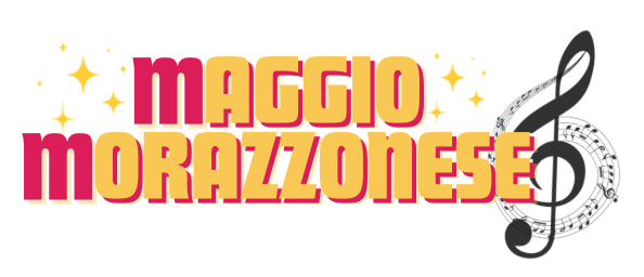 Logo del Maggio Morazzonese con scritta gialla e cremisi e chiave di violino